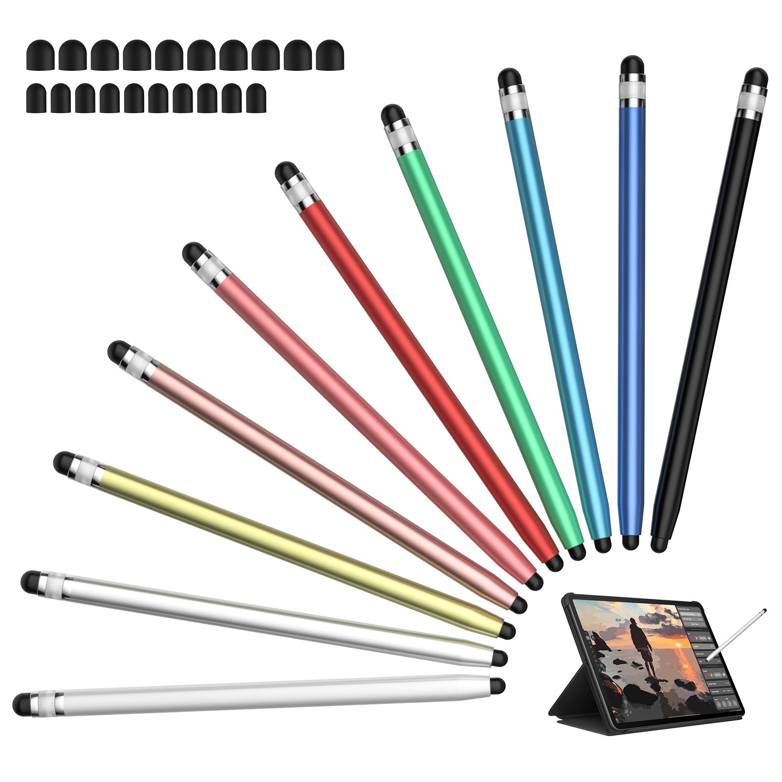 10Pcs Universal Stylus Pen for Touchscreen, 2-in-1 High Precision and Sensitivity Stylus Pen for iPad/iPhone/Samsung/Android Smartphone and Tablets Touch Screens-10 Stylus Pens+20 Replaceable Tips